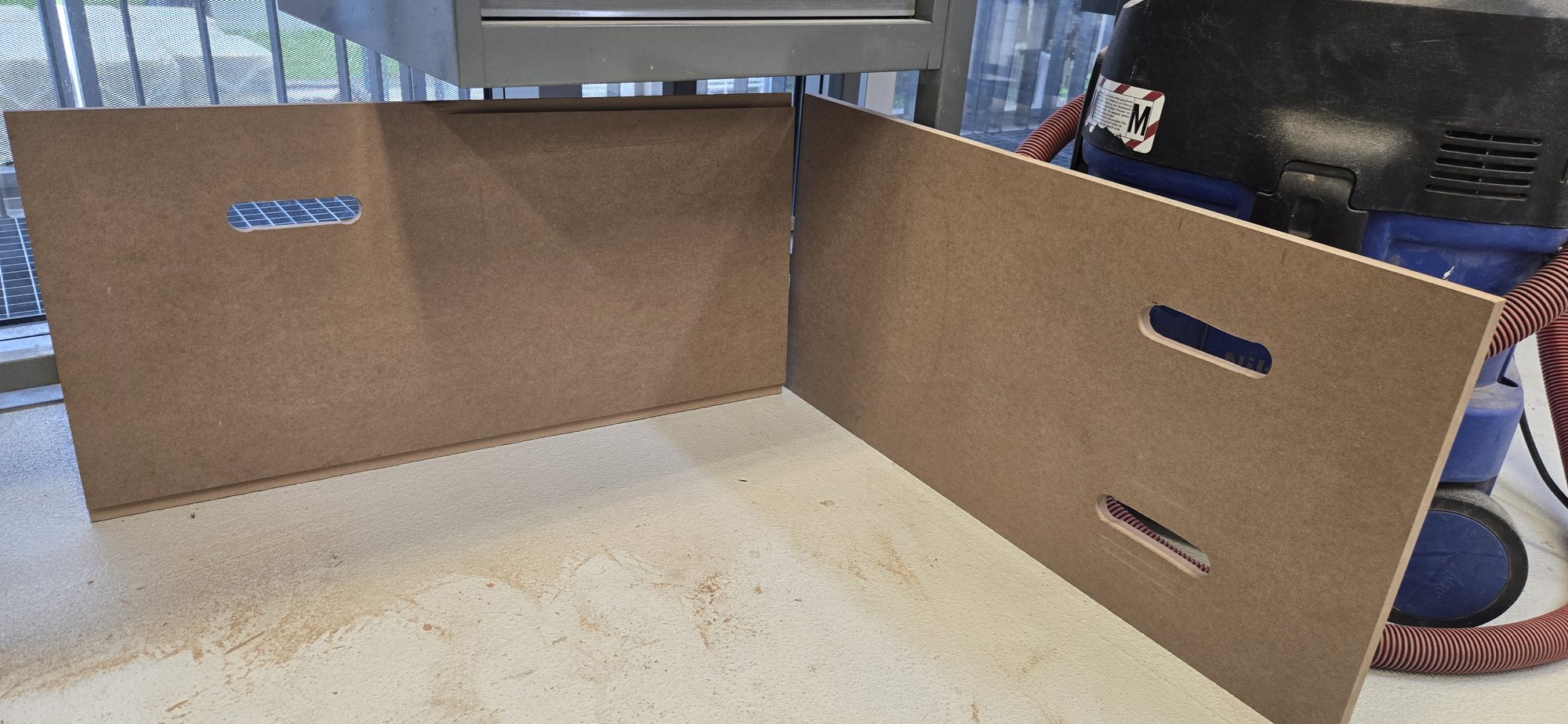 80 x 40 cm MDF panels with cut hand holds