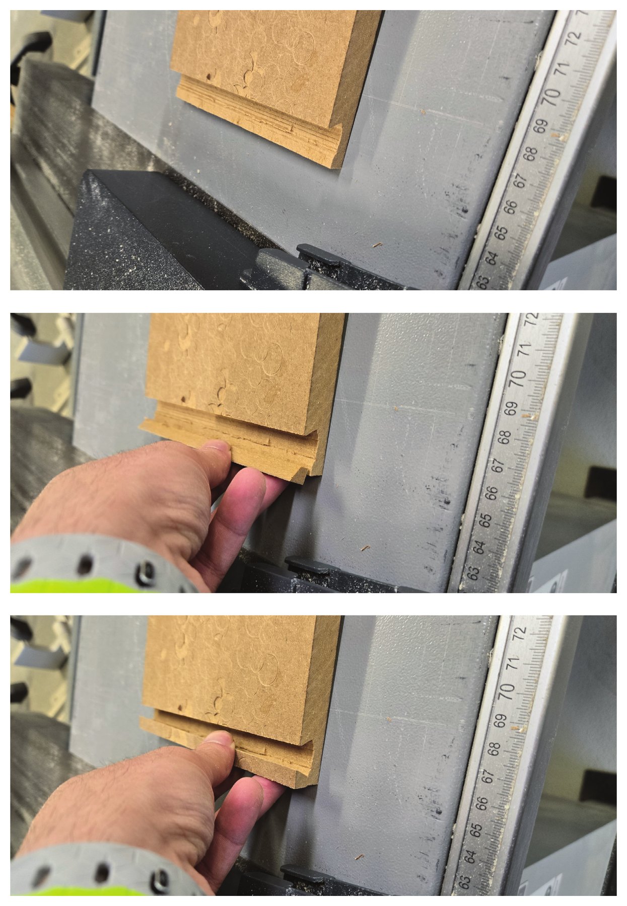 The routed channel failing: MDF tearing along the wall of the groove