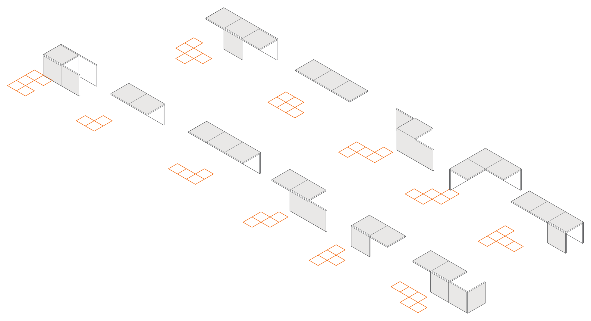 Module vocabulary: axonometric modules with their tetromino footprints