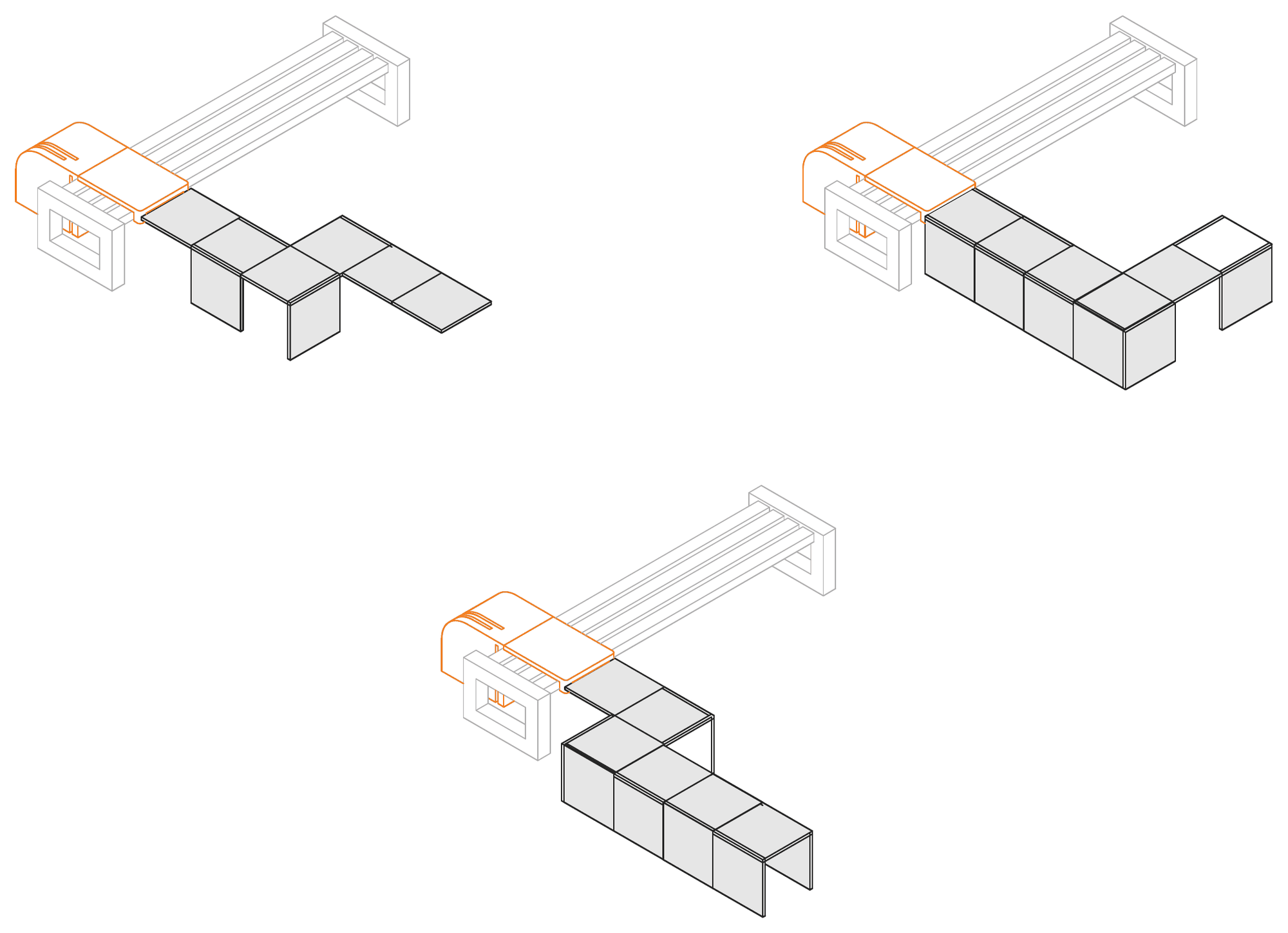 Three different arrangements produced from the same set of parts
